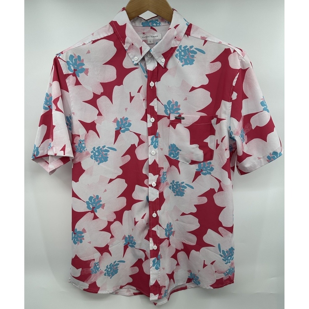 Vintage‎ Summer Hawaian Buttom Down Short Sleeve Shirt Men's Large Pocket